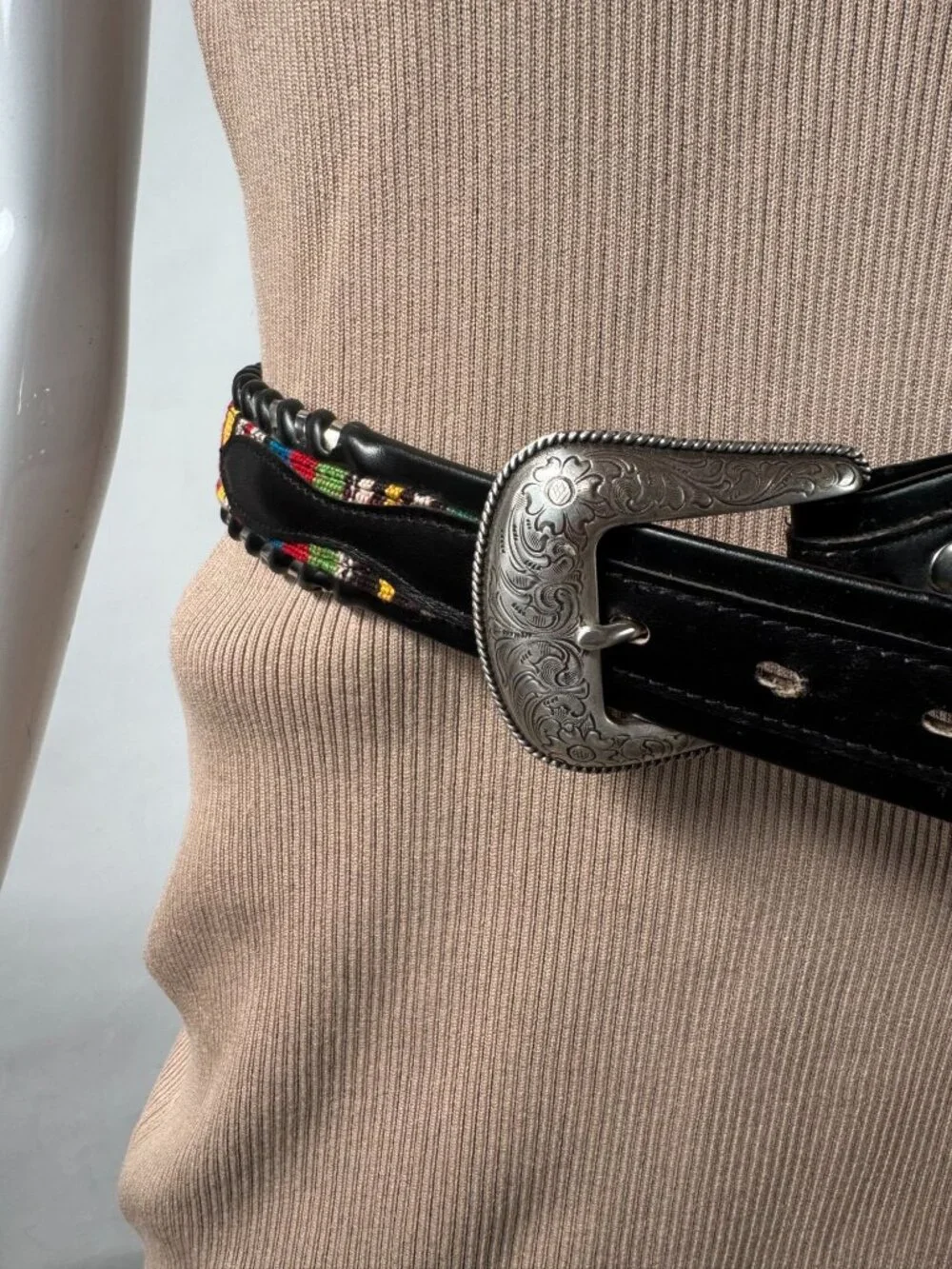 Handcrafted Leather Belt With Colorful Woven Inlay & Silver Buckle - Size 32